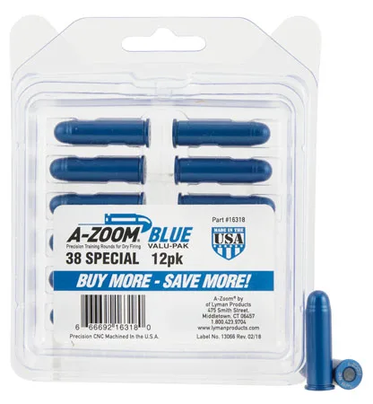 A-ZOOM 16318 Blue Snap Caps Revolver 38 Special Aluminum 12 Pack