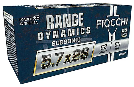 FIOCCHI 57sub62 Range Dynamics Subsonic 5.7x28mm 62 Gr Full Metal Jacket 50 Per Box/ 10 Cs