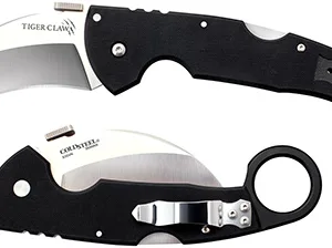 Cold Steel CS22C Tiger Claw  3.50" Folding Hawkbill Plain Stonewashed American S35VN Blade/6" Matte Black w/Ring G10 Handle Includes Belt Clip