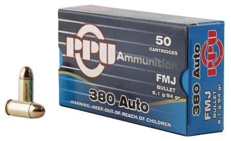 PPU Pph380af Handgun 380 Acp 94 Gr Full Metal Jacket 50 Per Box/ 20 Cs