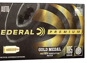 Federal GM45B Premium Gold Medal 45 ACP 185 gr Full Metal Jacket Semi Wadcutter 50 Per Box/ 20 Cs