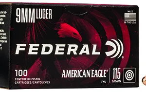 Federal AE9DP100 American Eagle Handgun 9mm Luger 115 gr Full Metal Jacket 100 Per Box/ 5 Cs