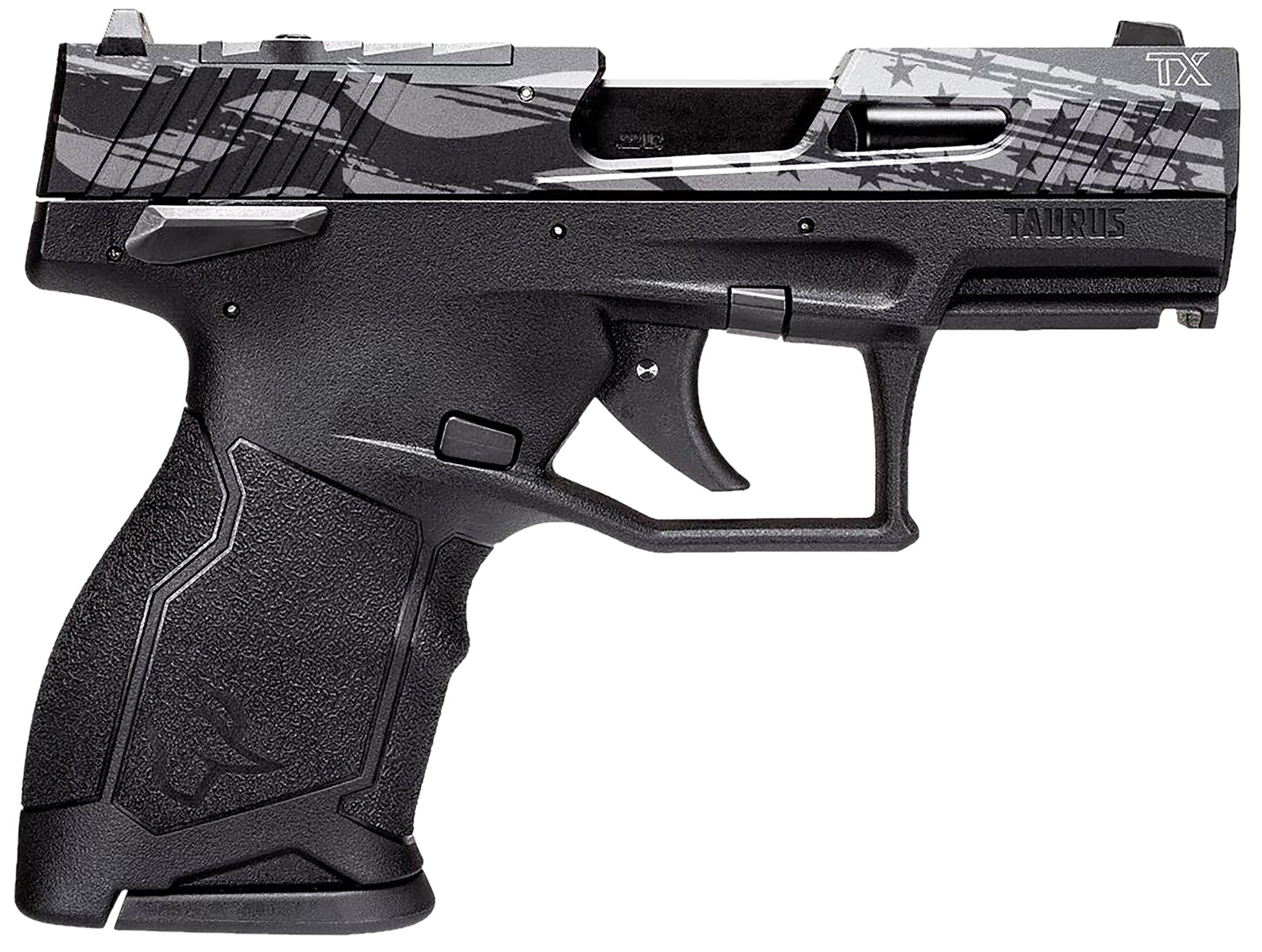 TAURUS 1tx2213110us5 Tx22c T.o.r.o. Compact Frame 22 Lr 10+1 3.60" Matte Black Threaded Barrel, Engraved Distressed Usa Flag Optic Ready/serrated Slide, Black Polymer Frame