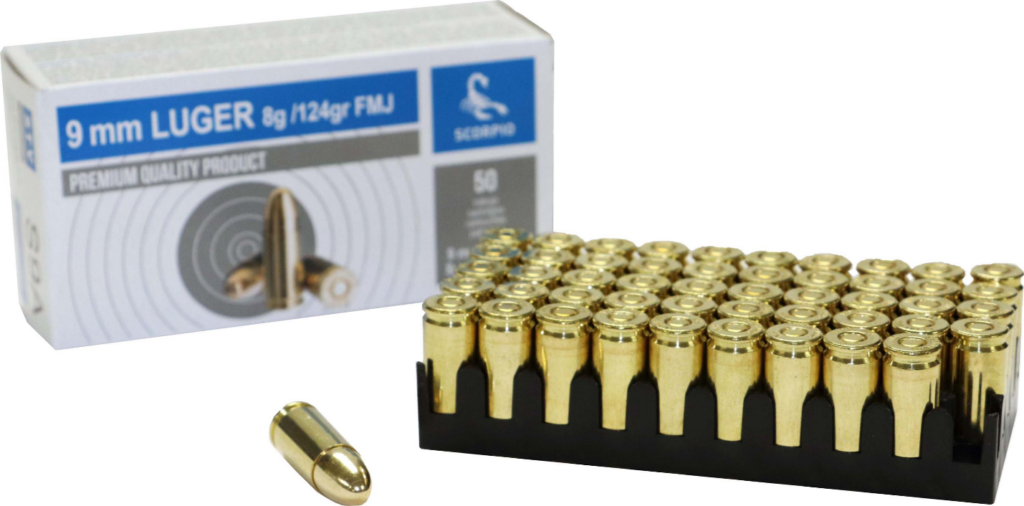 A picture of 0004666 stv technology 9mm 124 grain boxer primed full metal jacket brass case 50 round box with USA Gun Store