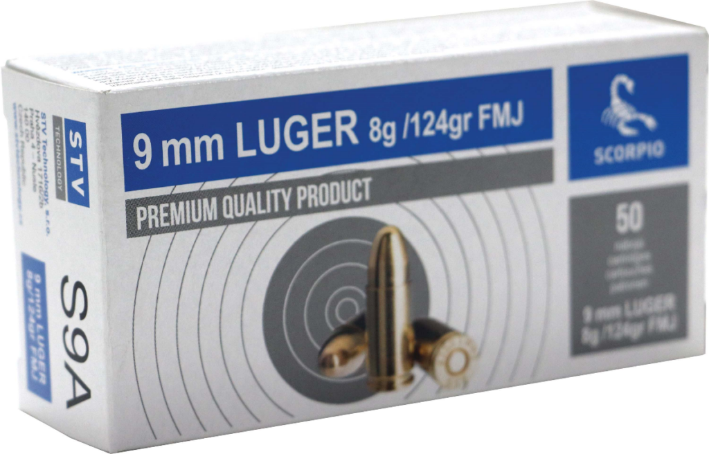 A picture of 0004667 stv technology 9mm 124 grain boxer primed full metal jacket brass case 50 round box with USA Gun Store