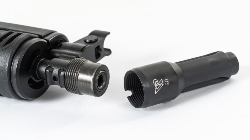 A picture of 0012340 arsenal ar m1 4 port flash hider 762x39mm 24x15mm rh threads stainless steel cerakote us made with USA Gun Store