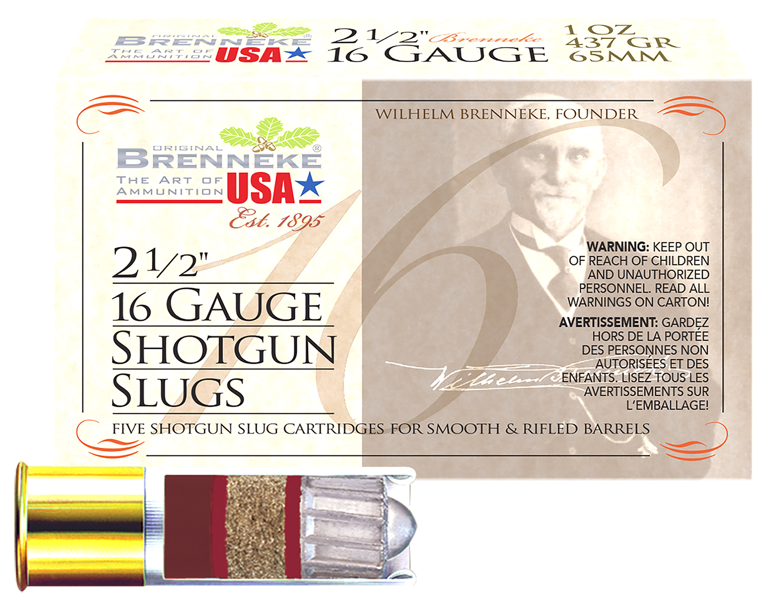BRENNEKE Sl162br BRENNEKE 16 16gauge 2.50" 1oz Slug Shot 5 Per Box/50 Case
