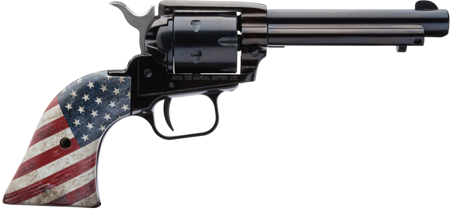 HERITAGE Mfg Rr22b4usflag Rough Rider 22 Lr 6 Shot, 4.75" Black Oxide Steel Barrel, Black Oxide Zinc Alloy Frame, Black Oxide Cylinder, Us Flag Grip Manual Safety, Exposed Hammer