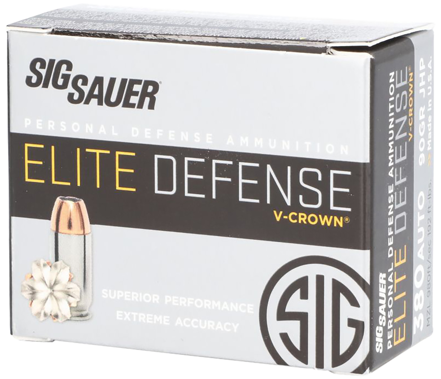 SIG Sauer E380a120 Elite Defense 380acp 90gr V-crown Jacketed Hollow Point 20 Per Box/10 Case