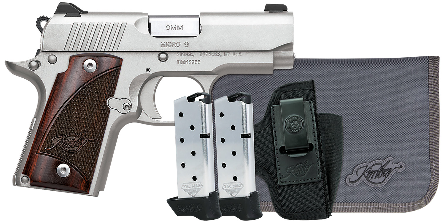 KIMBER Mfg, Inc 3300250 Micro 9 Rtc Bundle Micro Frame 9mm 7+1 3.15" Stainless Match Grade Barrel, Kimpro Ii Silver Serrated Slide, Kimpro Ii Silver Aluminum Frame W/beavertail, Rosewood Grip