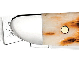 Case 00045 Peanut  2.10"/1.53" Folding Clip Point/Pen Plain Mirror Polished Tru-Sharp SS Blade, Peach Seed Jigged Amber Jigged Bone Handle