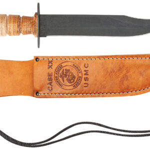 Case 00334 USMC  7" Fixed Clip Point Plain Blackened 1095 Carbon Steel Blade Grooved Leather Handle