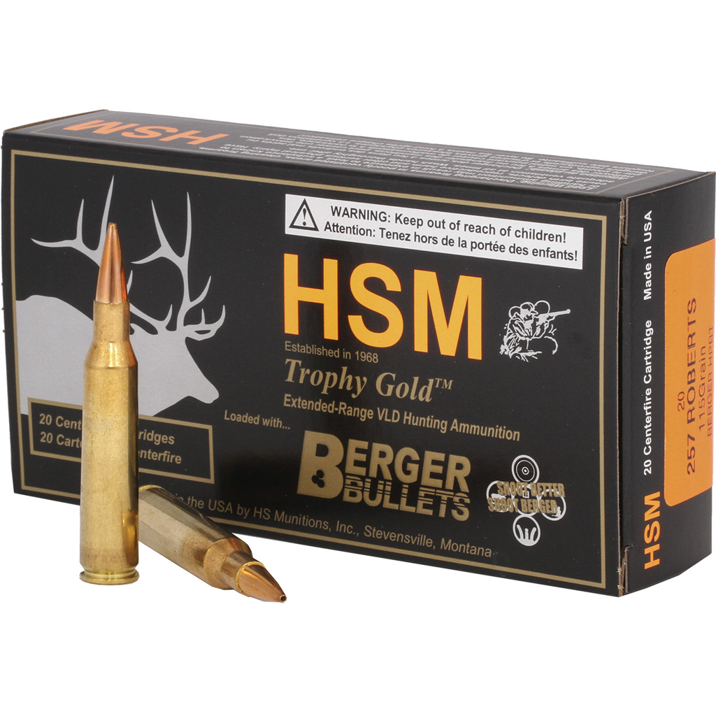 HSM Trophy Gold Rifle Ammunition 257 Roberts Berger 115 Gr. 20 Rd.