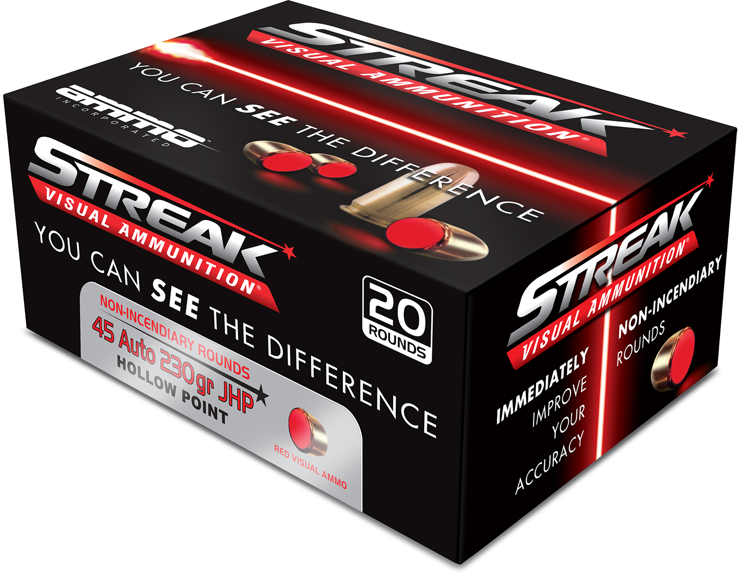 Ammo Inc 45230JHPSTRKRED Streak Visual (RED) 45ACP 230gr Jacketed Hollow Point 20 Per Box/10 Case