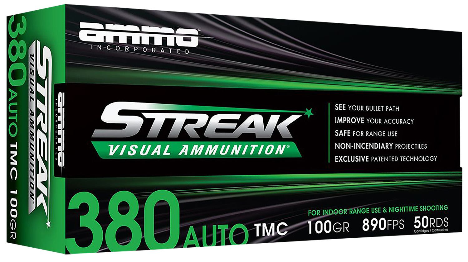 Ammo Inc 380100TMCSTRKGRN50 Streak Visual (GREEN) 380ACP 100gr Total Metal Case 50 Per Box/20 Case