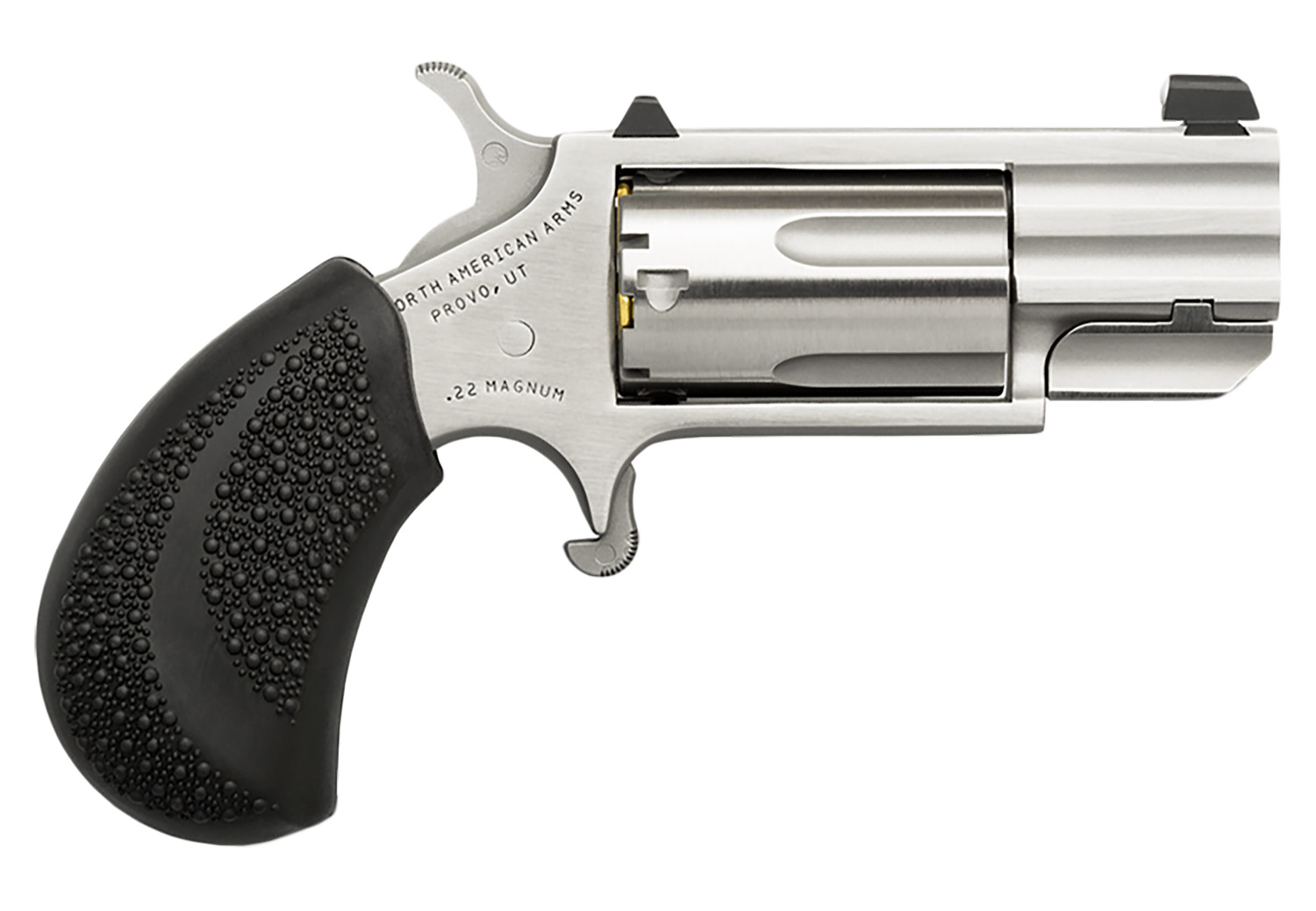 North American Arms PUGD Pug 22 WMR 5 Shot 1" Stainless Steel Barrel, Frame & Cylinder, Black Pebbled Rubber Grip, Exposed Hammer