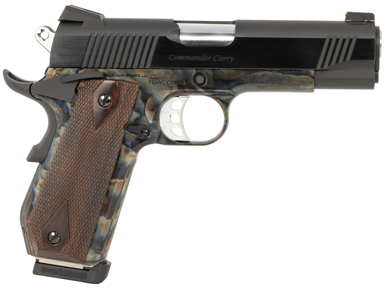 Tyler Gun Works TGWCMCC45 Custom 1911 Commander 45 ACP 7+1 4.25″ Stainless Match Grade Barrel, Blued Serrated Steel Slide Color Case Steel Frame w/Beavertail, Walnut Grip