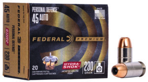 Federal P45HS1 Premium Personal Defense 45ACP 230gr Hydra-Shok Jacketed Hollow Point 20 Per Box/25 Case