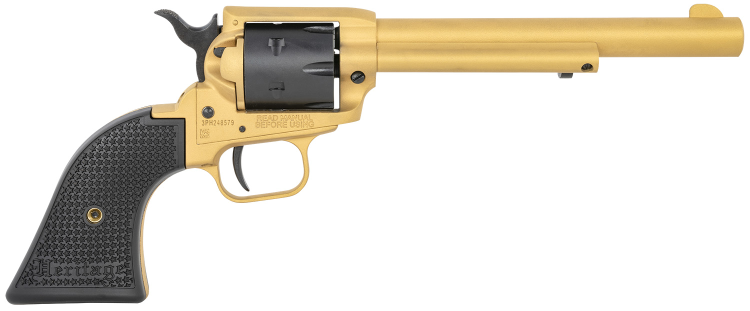 Heritage Mfg RR22S6 Rough Rider 22 LR 6 6.50″, Gold Cerakote Barrel, Black Satin Cylinder, Gold Cerakote Steel Frame, Black Polymer Grips Features Black Accents