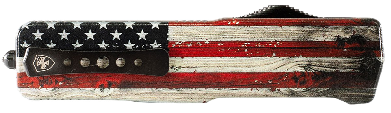 Templar Knife MZWUS121 Premium Weighted Small 3" OTF Dagger Plain Black Oxide Stonewashed Powder Coated D2 Steel Blade, 4.50" Painted Wood Grain US Flag Aluminum Zinc Alloy Handle