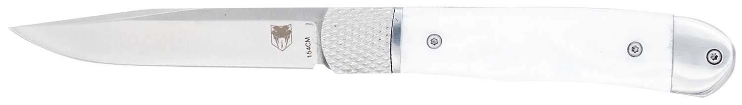 CobraTec Knives CTTHRWTABA154CM Trapper Small 3.13" Folding Plain 154CM SS Blade, 4.25" White Abalone Scales Handle