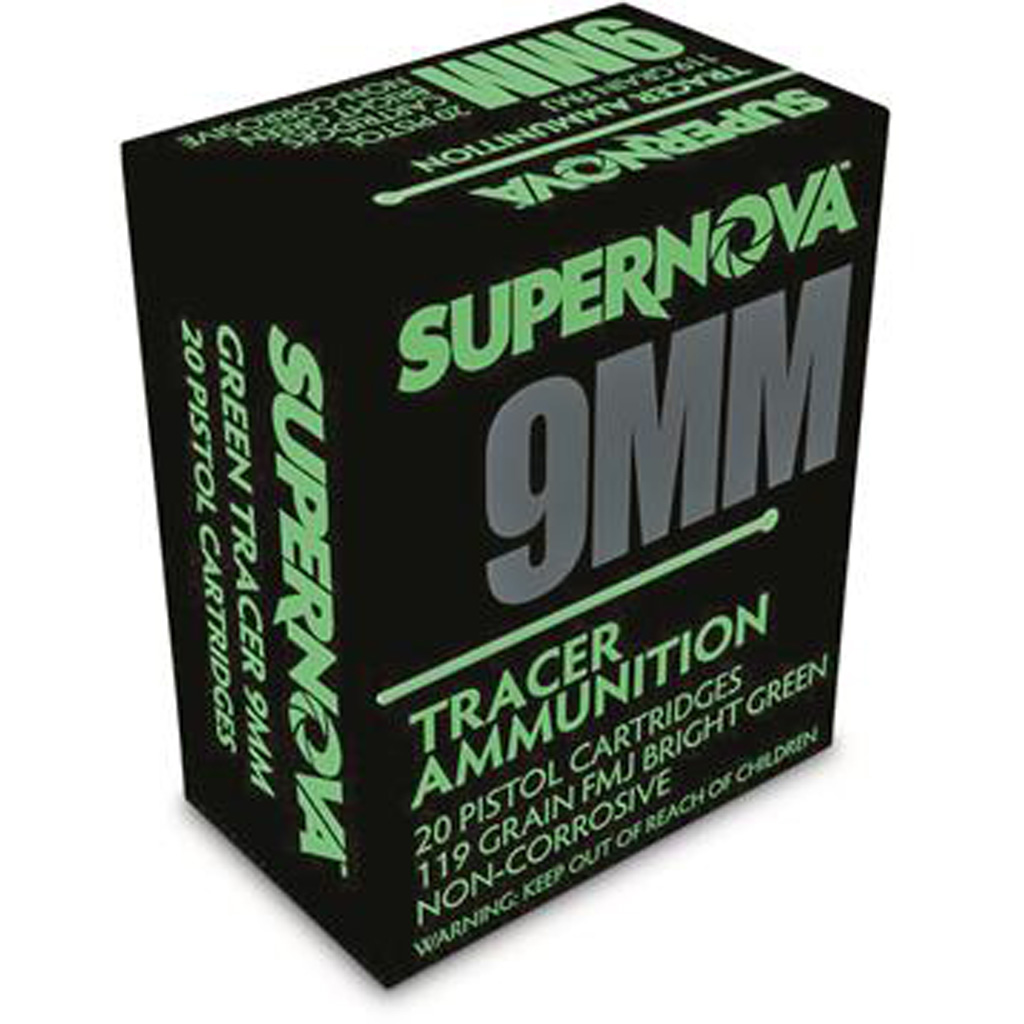 Supernova Tracer Pistol Ammunition 9mm 119 gr. FMJ Green Tracer 20 rd.