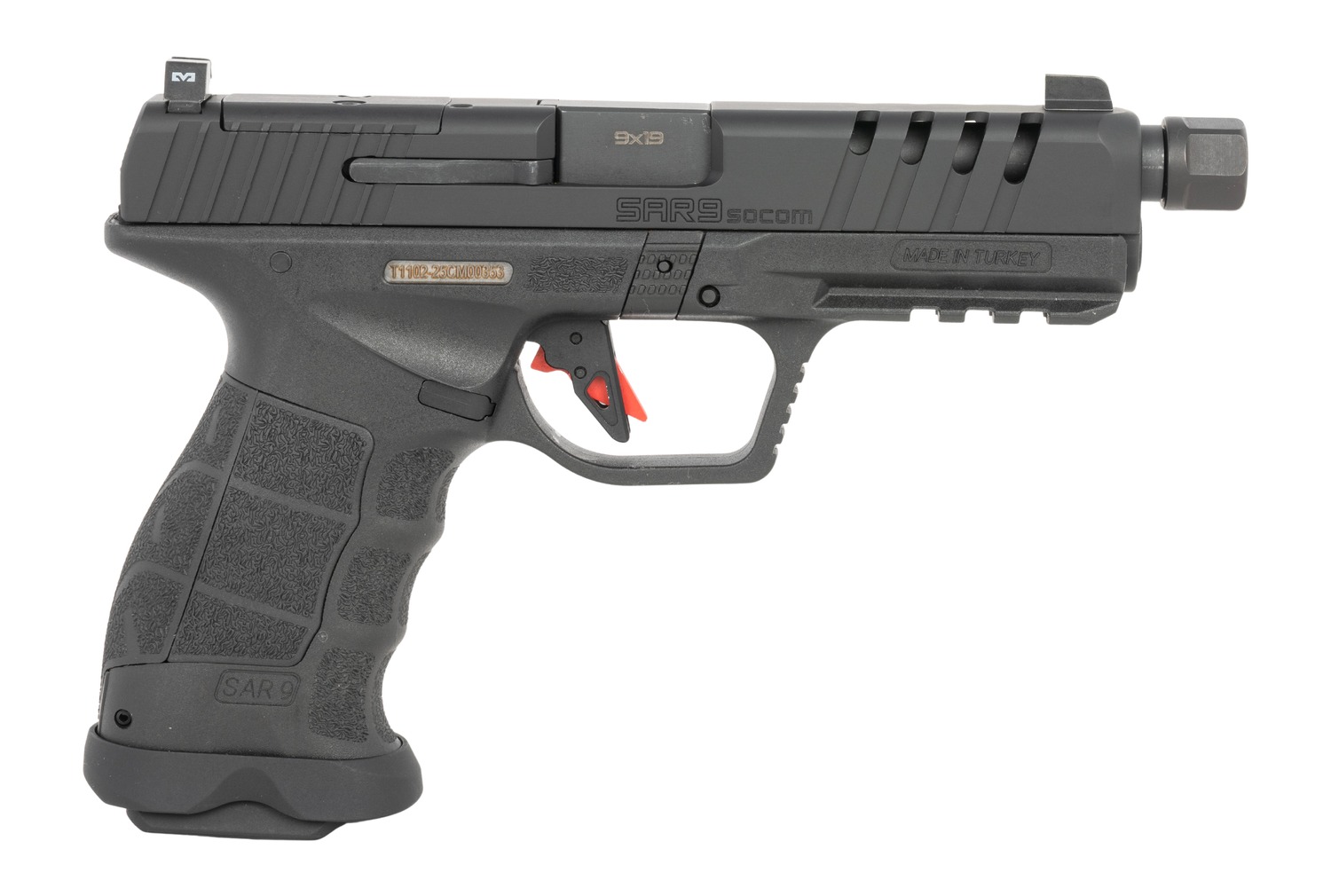 Sarsilmaz SAR9SOCOMBL10 SAR9 SOCOM Full Size 9mm Luger 10+1 5.10" Black Threaded Barrel, Black Steel Optic Cut/Serrated Slide, Black Polymer Frame w/Picatinny Rail, Interchangeable Backstrap Grip, RMS